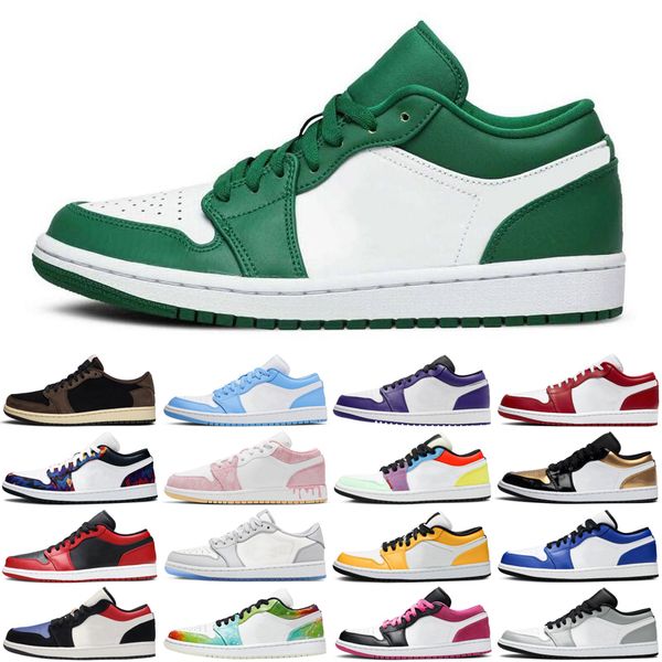 1 1s low mens basketball shoes court purple unc pine green paint drip game royal men women trainers sports sneakers, White;red